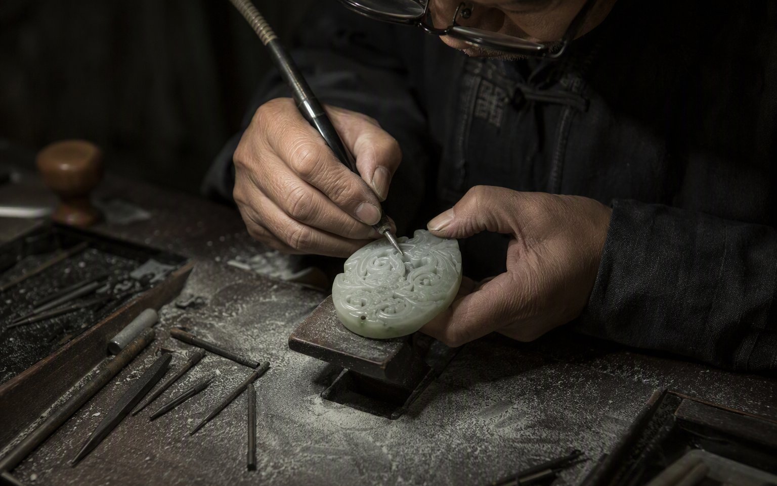 Craftsman carving a jade pendant by hand