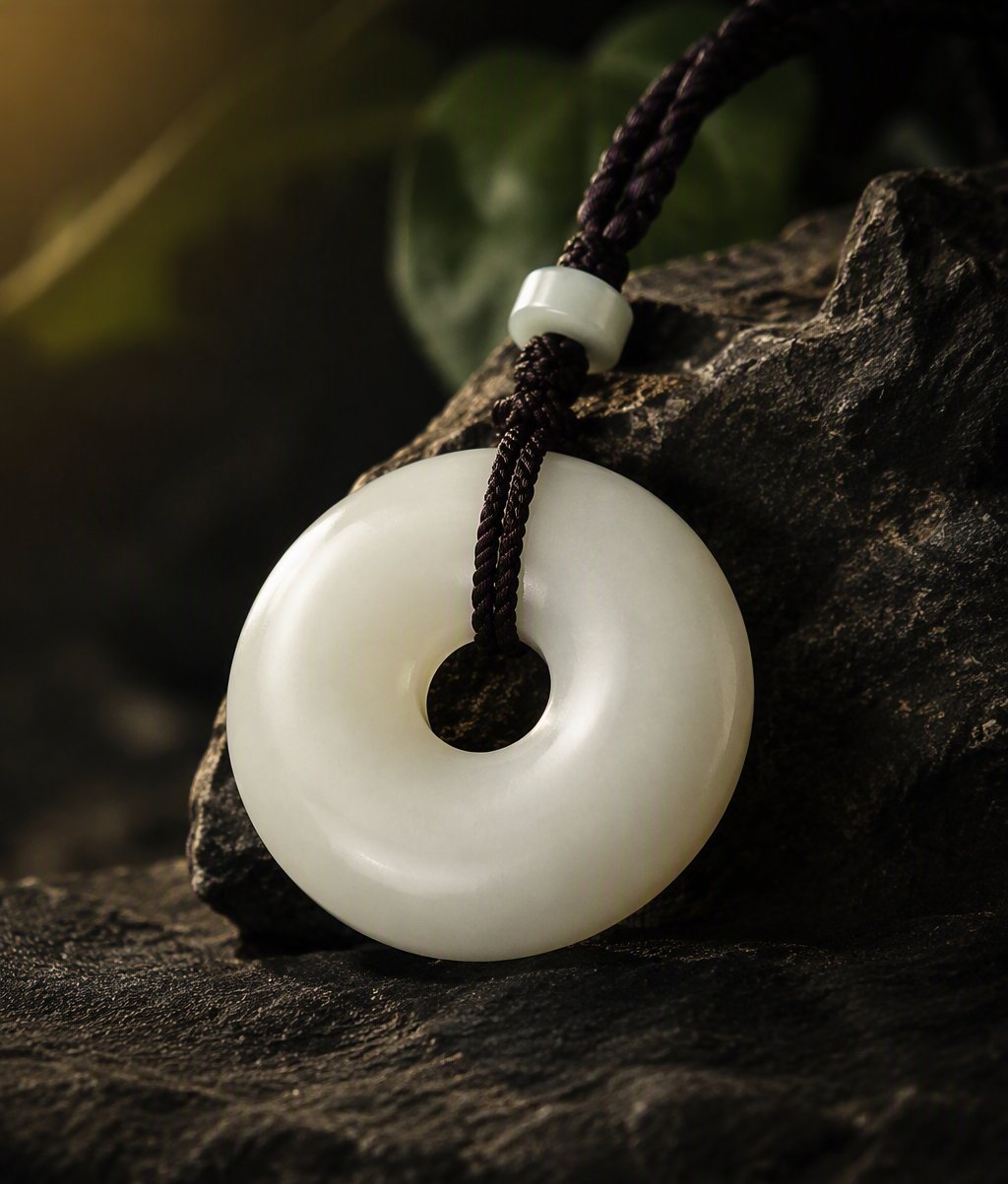 White jade donut pendant on dark stone
