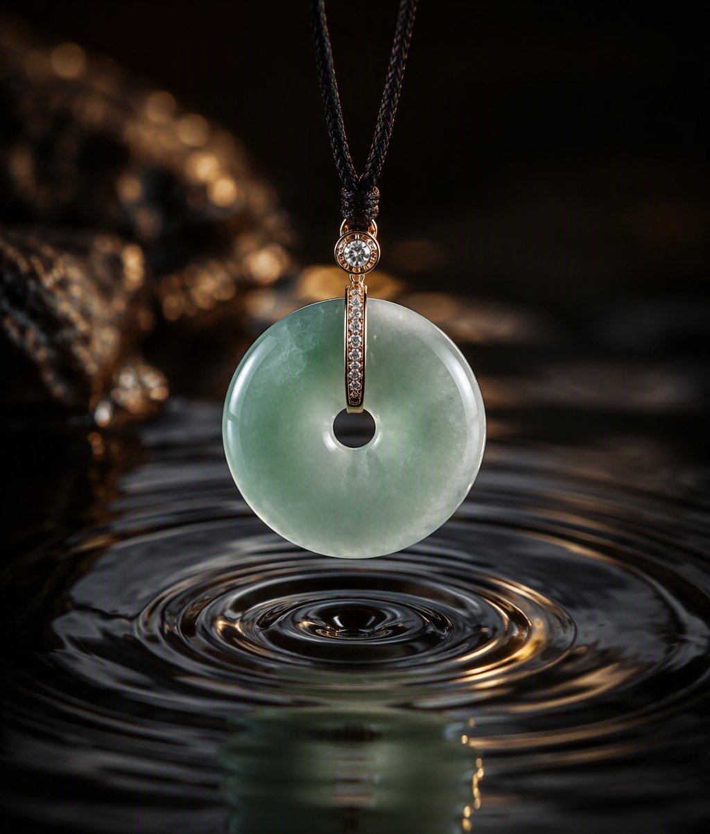 Celadon jade disc above water ripples