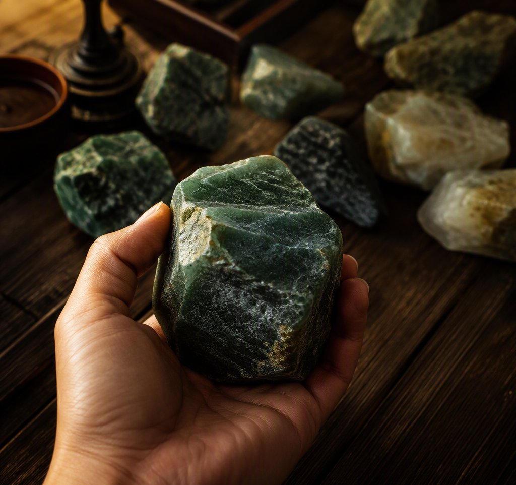 Hand holding raw jade stone